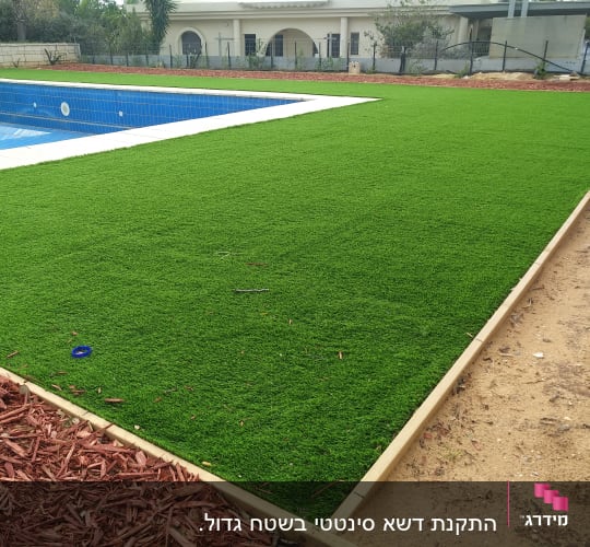 דשא סינתטי ליד בריכה עם שבבי עץ